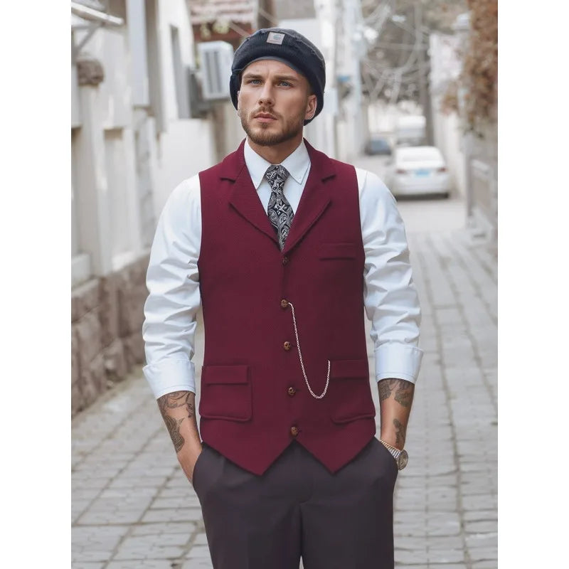Man Suit Vest British Style Turn Down Collar Male Waistcoat Vintage Single-breasted Business Casual Men Coat Vest
