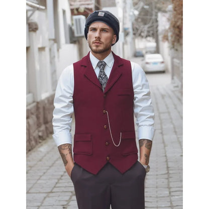Man Suit Vest British Style Turn Down Collar Male Waistcoat Vintage Single-breasted Business Casual Men Coat Vest