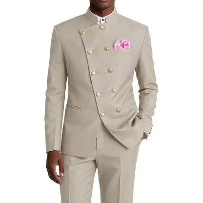 Men's Chinese Style Suit 2 Piece Brown Mandarin Collar Double Breasted With Gold Buttons Formal Jacket Pants For Business Weddin