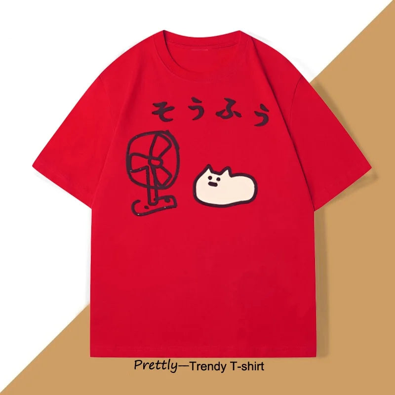 Cool Japanese Style Fan Cat T-shirt Men Women Funny Cotton Short Sleeve Tshirt Graphic T Shirts Summer Streetwear Pritned Tees
