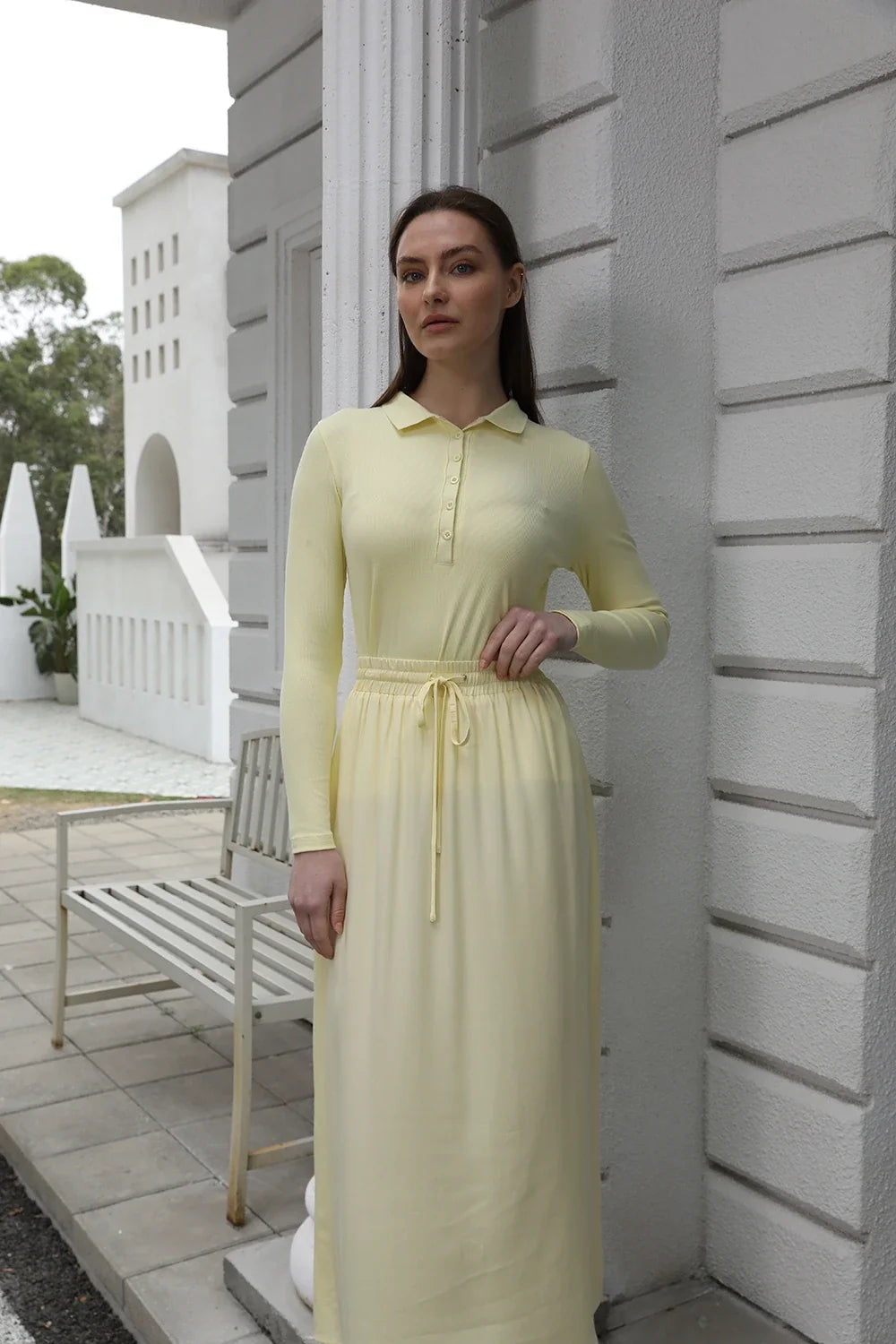 AP 2025 Spring and Summer Women Turn-down Collar Tee Soft Lady Cotton Blend Skirt Comfortable Casual