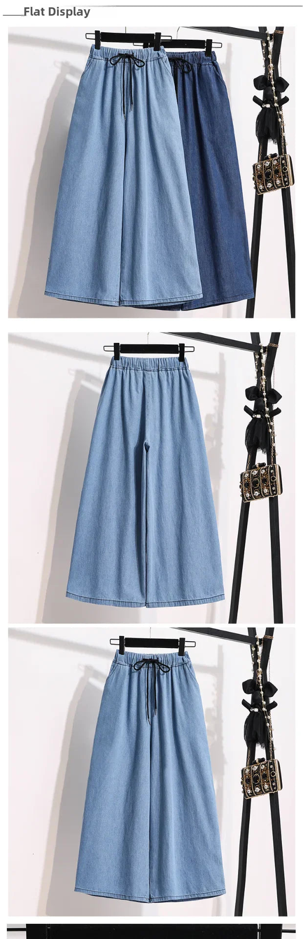 Loose Waist Dstring Denim Wide Leg Pants Women's plus Size Slimming Casual Straight Workwear Seven-Foot Pants Summer
