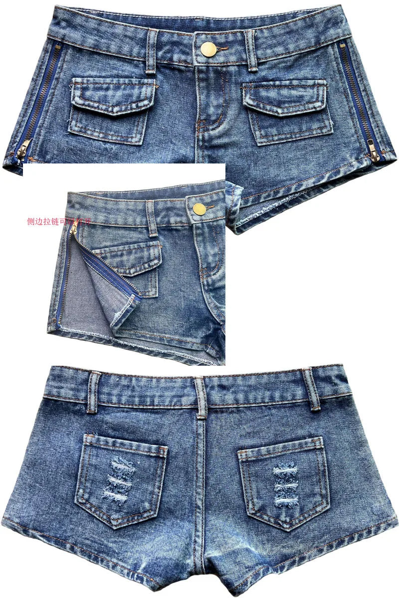 Sexy Side Zipper Split Denim Shorts Women Hot Pants Worn Out Nightclub Low Waist Jeans Y2k