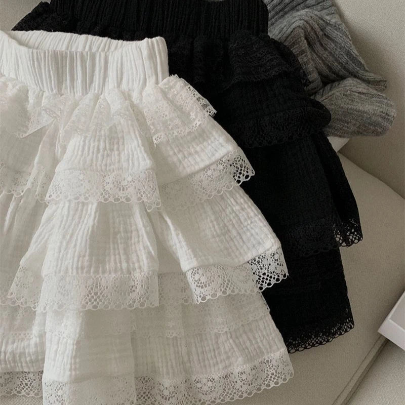 Korean Style Sweet Ruffle Mini Skirts Women Lolita Kawaii Casual Pleated Short Skirt Elegant Cute White Layered Skirt
