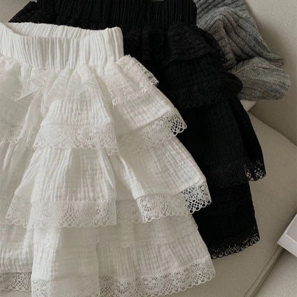 Korean Style Sweet Ruffle Mini Skirts Women Lolita Kawaii Casual Pleated Short Skirt Elegant Cute White Layered Skirt