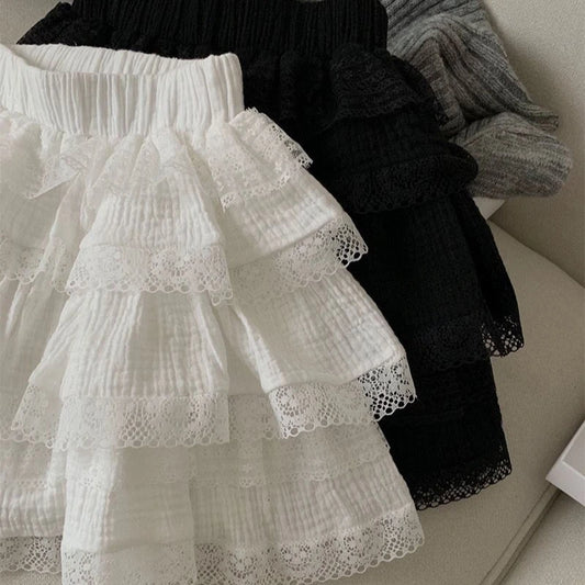 Korean Style Sweet Ruffle Mini Skirts Women Lolita Kawaii Casual Pleated Short Skirt Elegant Cute White Layered Skirt