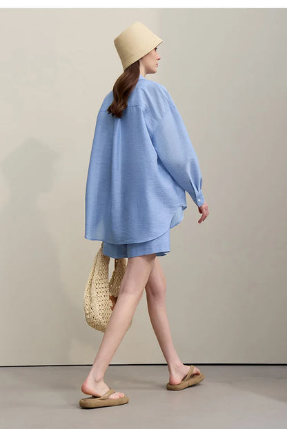 Women's Casual Shirts 2026 Summer New Holiday Style Separate Shorts Long Sleeve Top Single Loose Solid Shorts 12652027