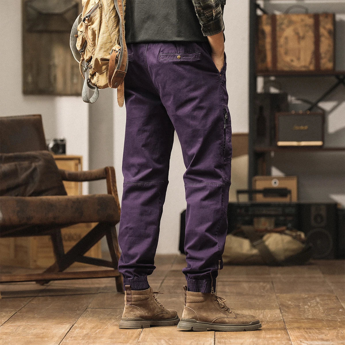 Cotton Men's Cargo Pants Elastic Waist Stretch Trouser Male Multi Pocket Casual Jogger Fit Ankle Length Zipper Purple Drawstring