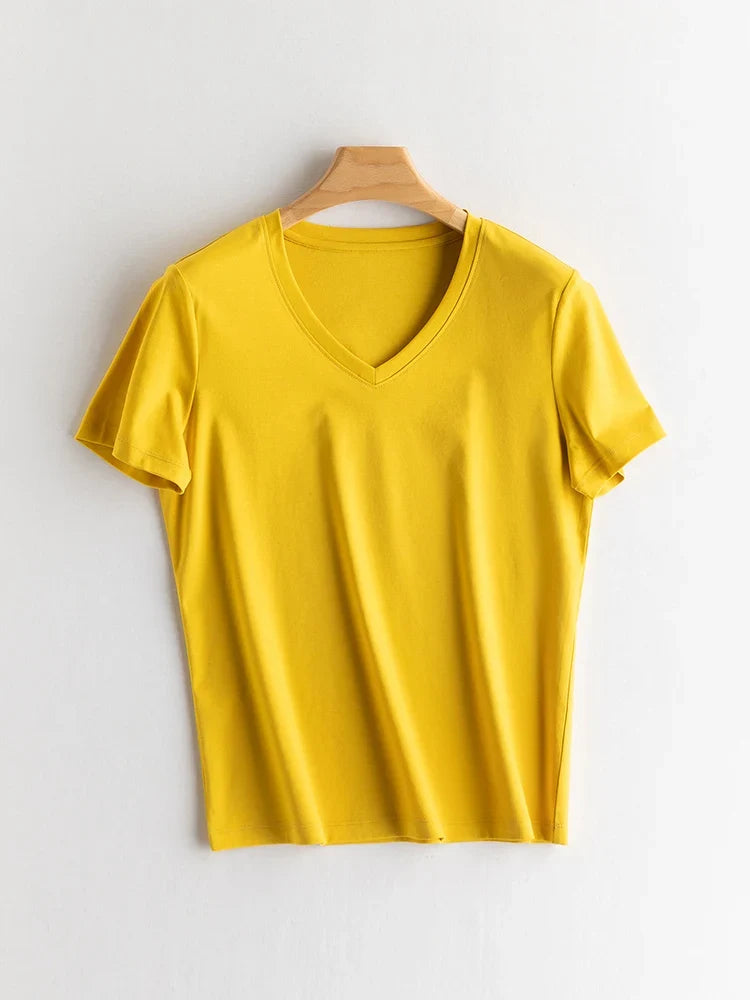 Women Solid T shirts, Silk Cotton Blend, O Neck, Short Sleeved Solid Tee,2025 Summer Candy Colors Basic Cozy Top Green