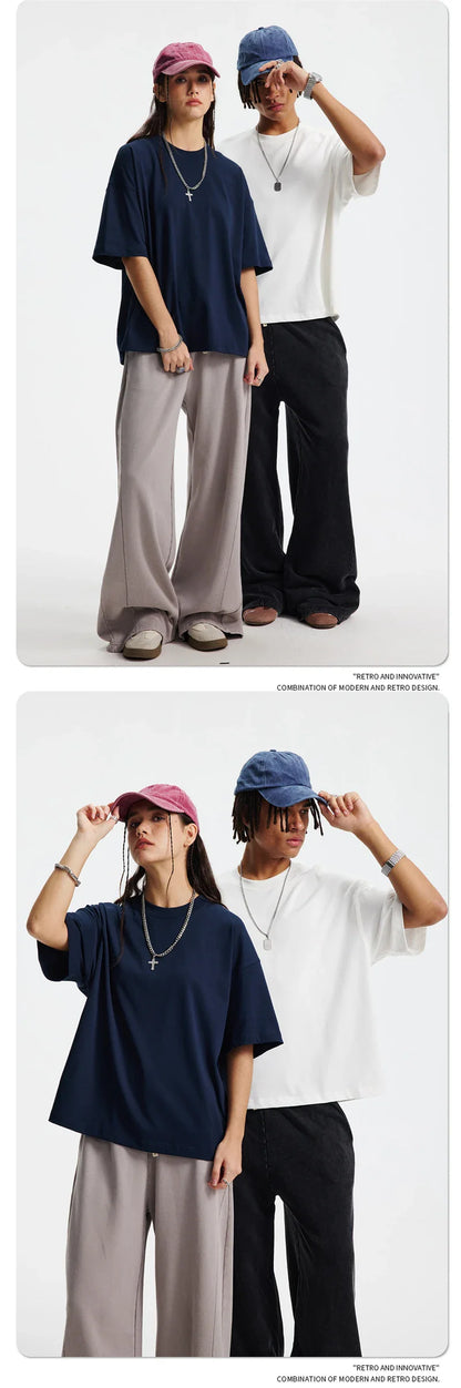 New Men Summer Boxy 275gsm Cotton T-Shirts Retro Unisex Oversized Short Version Basic T Shirt Brand Tees HY1070