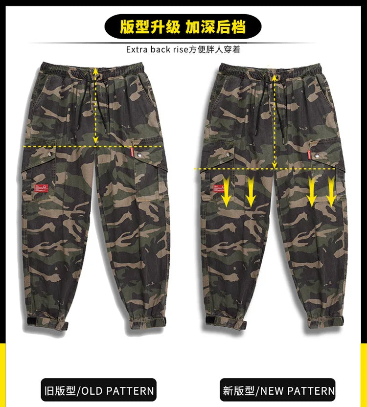 Big Size Men's Cargo Pant Elastic Waist Cotton Jogger Trouser Male Camouflage Loose Spring Pocket Extra Large Plus Baggy Hip Hop