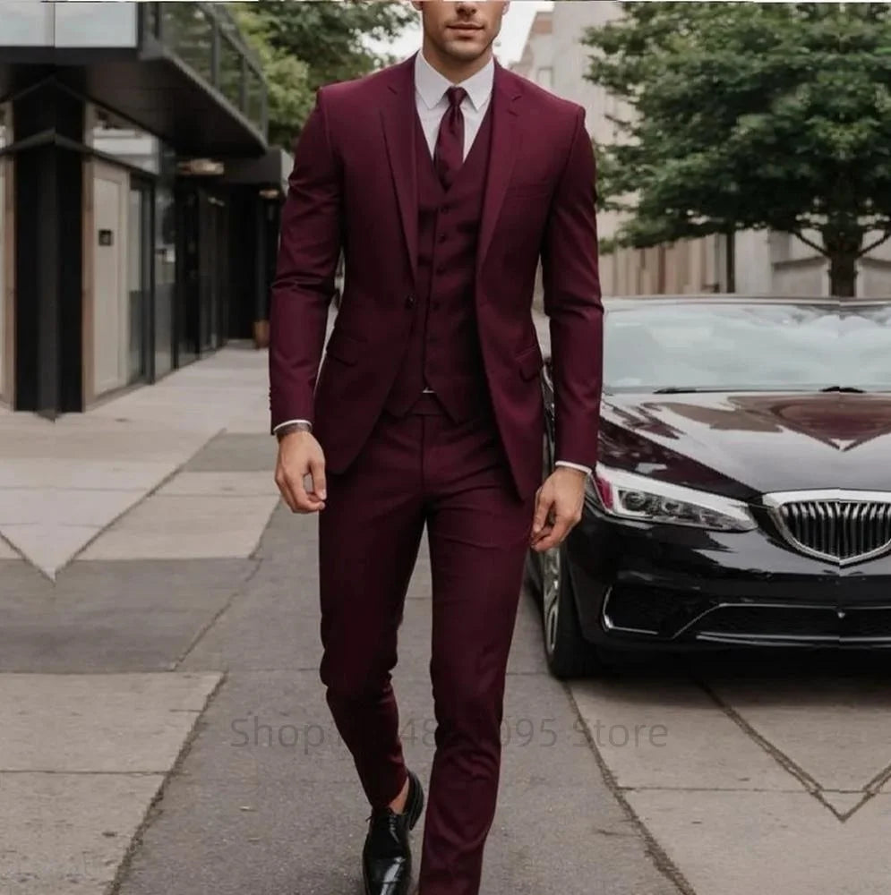 Green Mens Suits Casual 3 Pieces Slim Fit Notch/Peak Lapel Formal Wedding Groom Wear Blazer Tuxedos for Party(Blazer+Pants+Vest)
