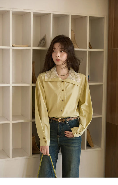 Autumn Solid Cotton Shirt Autumn V-neck Double-layer Lace Retro Design Shirts Single Breasted Tops Office Lady MXE41C2366