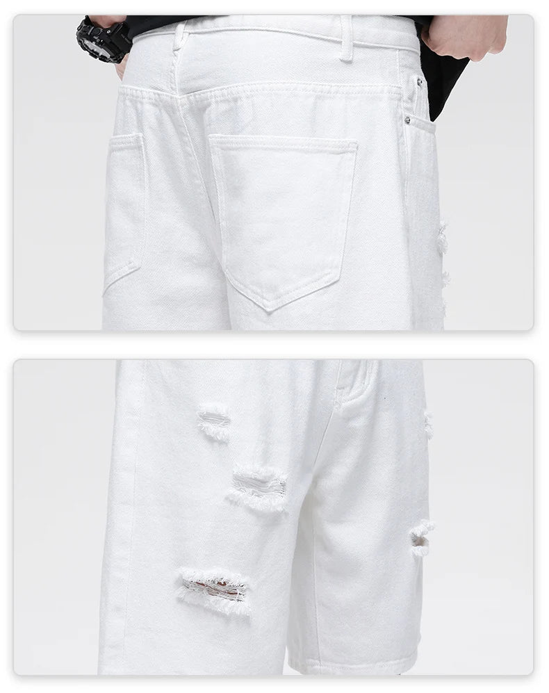 Summer New White Casual Men's Denim Shorts Ripped Fashion Loose Straight Street Bermuda Jeans Male Hole Short Pants