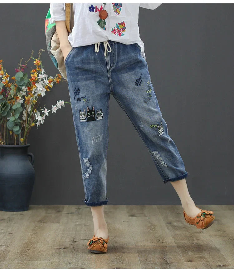 2025 Fashion Summer Streetwear Denim Trousers Ladies Vintage Elastic Jeans Womens Casual Loose Embroidery Harem Pants