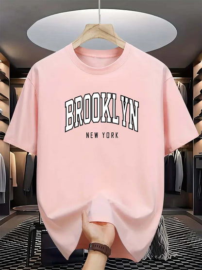 Men's summer 100% cotton fashionable casual loose Brooklyn New York printed sports round neck short sleeved T-shirt top