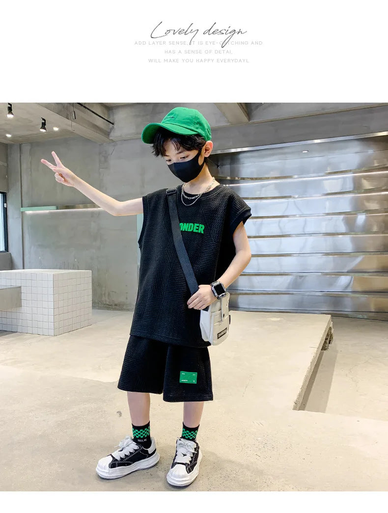 Summer Boys Waffle Alphabet Sleeveless t-Shirt Tops+Short Pants Set School Kids Tracksuit Child 2PCS Outfit Jogger Suit 5-16 Yrs
