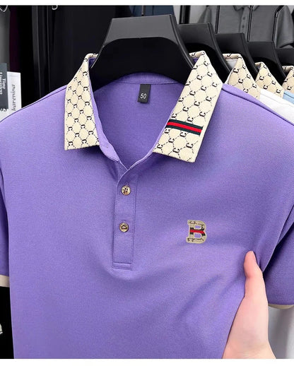 Luxury brand B letter embossed short sleeve polo shirt men summer lightweight breathable new fashion color blocked lapel T-shirt