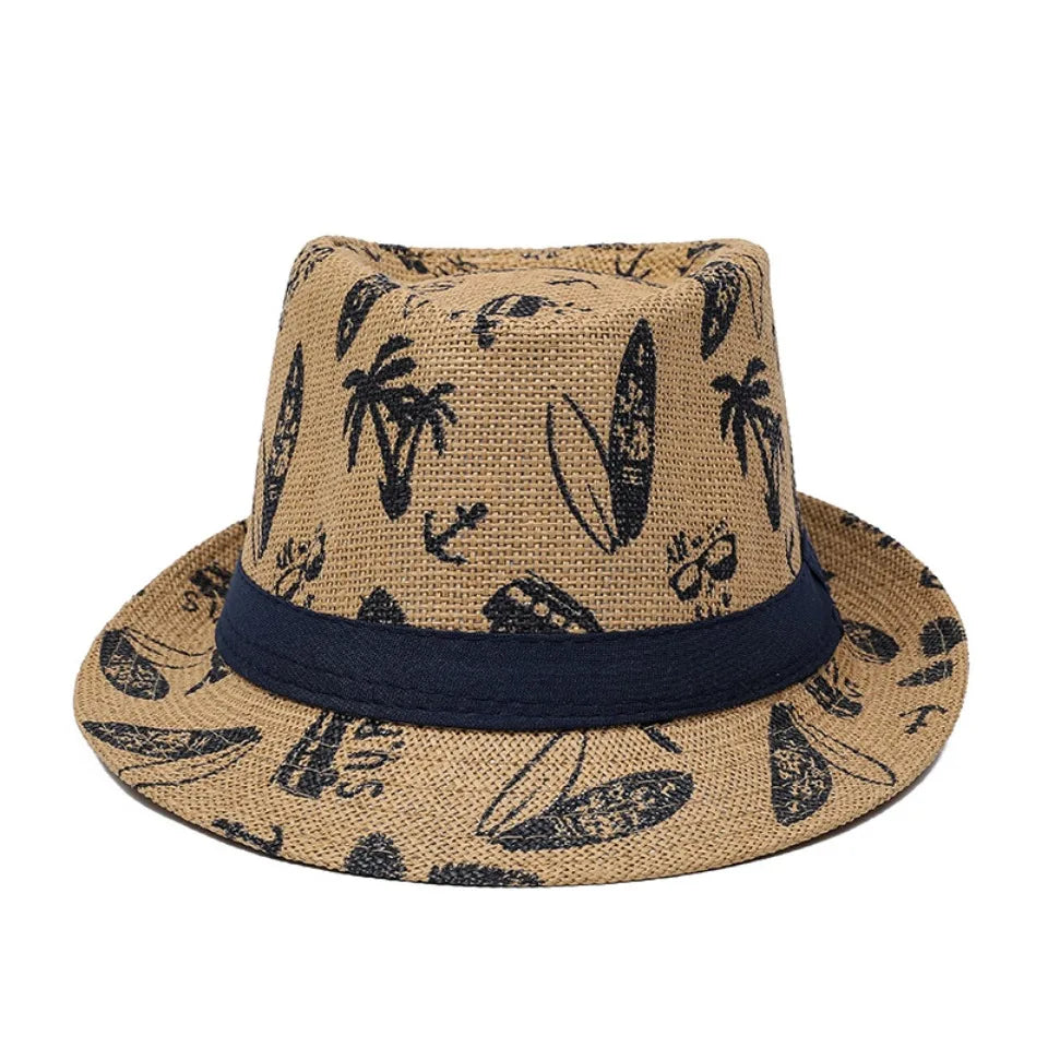 2026 Men's Breathable Straw Fedora Hat with Tropical Print UV Protection Beach Vacation Casual Jazz Cap for Summer