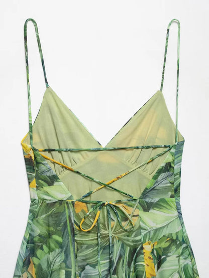 2025 Summer New collection Women's vacation Style printed silk mesh sexy V-neck halter short Dress Hot Girl Dress