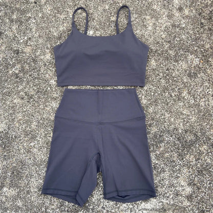 2 Piece Yoga Shorts Set Gym Sports Set Women Workout Clothes Fitness Suit Thin Strap Bra Top High Waist Shorts Running Tracksuit