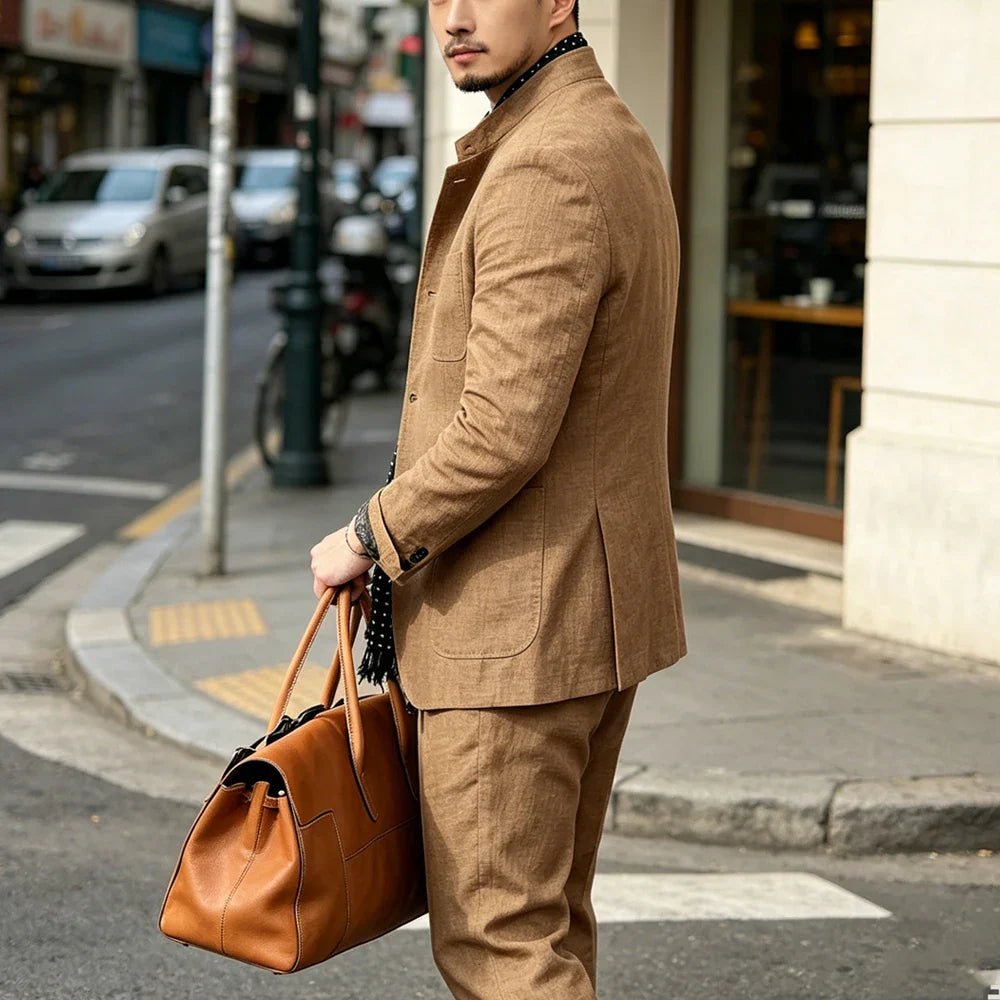 Men's Linen Blend 2 Piece Suit Set Stand Collar Breathable Casual Blazer Pants For Business Daily Wear