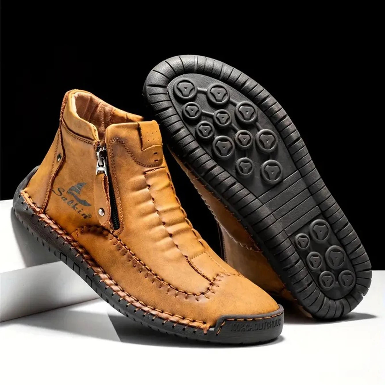 Men's Hand-Sewn High-Top Boots, Fashionable Side-Zip Casual Shoes, All-Season Outdoor Boots, Large Size Men's Shoes, Comfortable Bare Boots