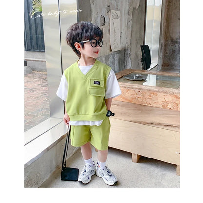 Summer Baby and Boys Cotton Contrast Patchwork t-Shirt Tops+Shorts Pant Sets School Kids Tracksuit Child 2PCS Outfit 1-10 Years