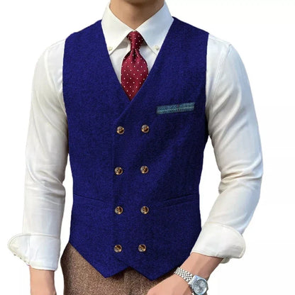 Men Vest Brown Solid Double ButtonTweed Slim Casual Business Waistcoat Jacket For Wedding Party Banquet Prom Set