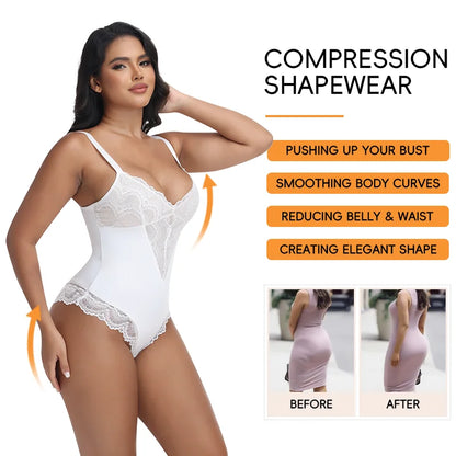Womens Deep V Neck Bodysuit Sexy Lace Body Shaper Shapewear Slimming Thong Tummy Control Corset Breathable Brief Soft Underwear