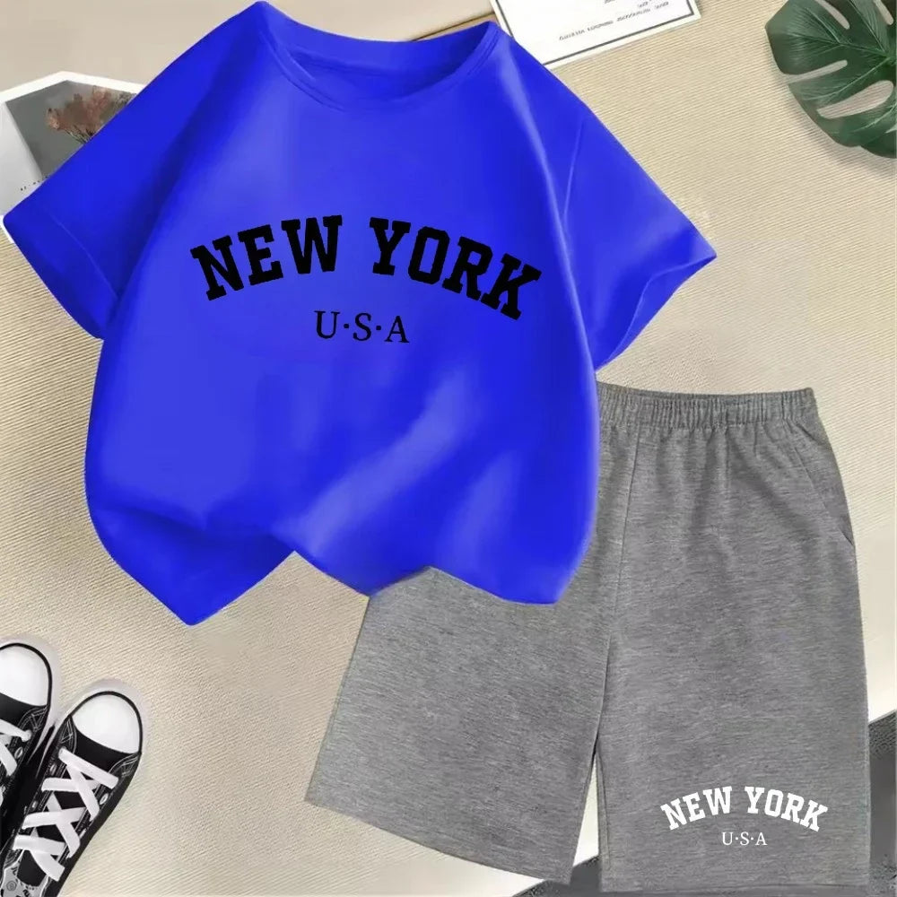2026 New Kids Boys Girls New York Letter Pattern Cotton T-shirt+Shorts 2-Piece Set Casual Daily