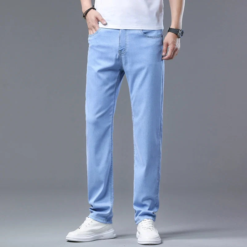 2025 Summer New Men's Sky Blue Slim Stretch Jeans Lyocell Thin Style Fashion Casual Ice Silk Denim Pants Male Brand Trousers