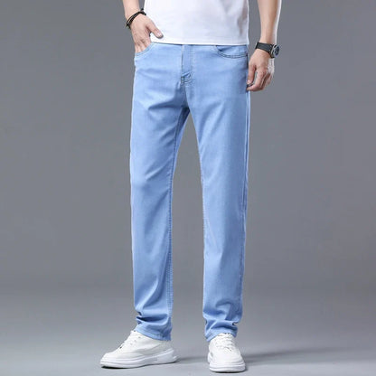 2025 Summer New Men's Sky Blue Slim Stretch Jeans Lyocell Thin Style Fashion Casual Ice Silk Denim Pants Male Brand Trousers