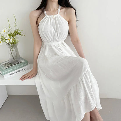 Korean Style Summer Slimming Necktie Waist Cinched Sleeveless Vest Long Dress Women's Fashionable Commute Style Inner Wear