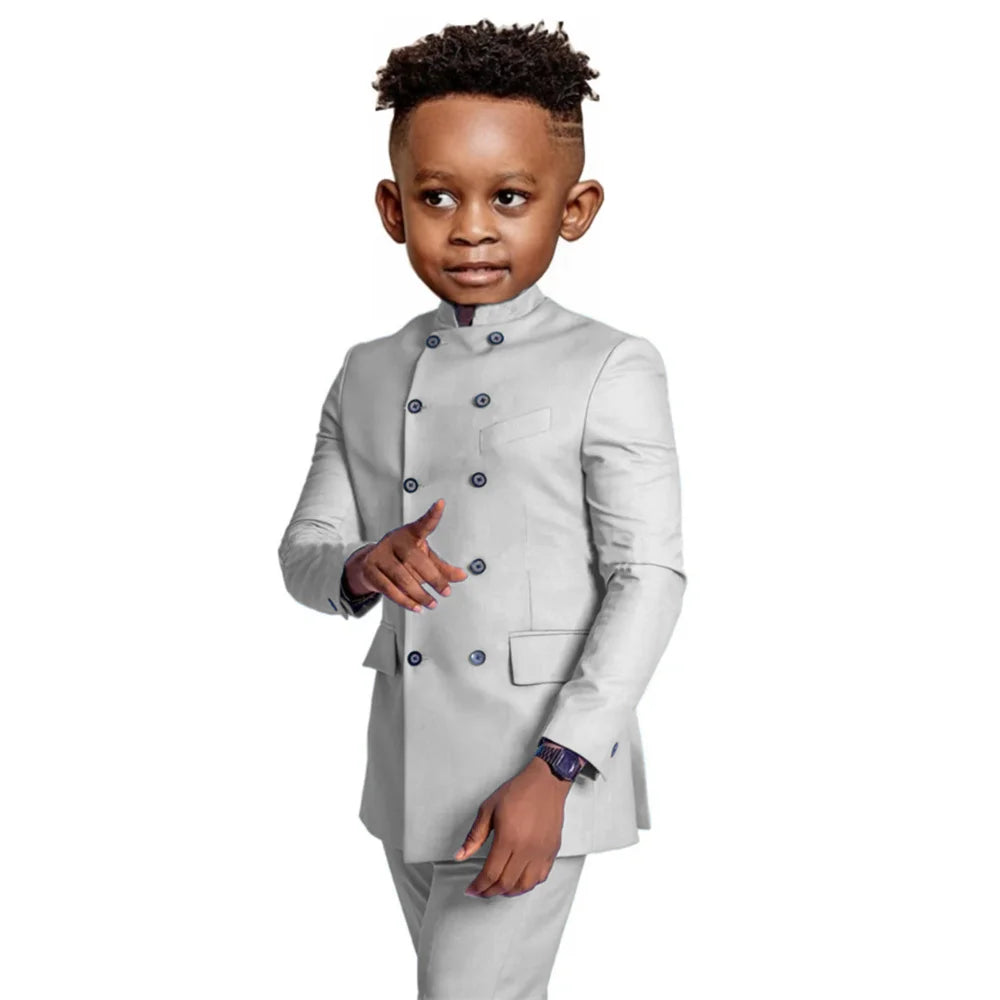 Stylish Elegant Boys Stand-up Collar Suits 2 Pieces Jacket Pants Formal Party Wear Double Breasted Kids Suit Set 2-20T
