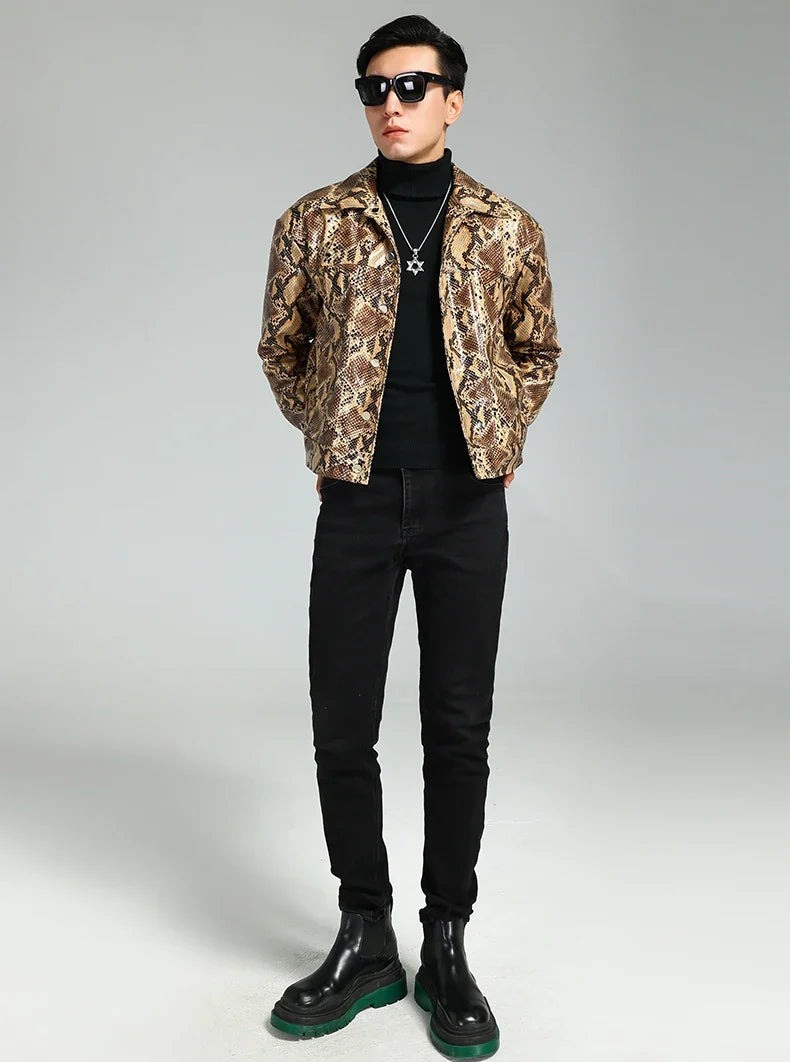 Autumn Short Handsome Cool Colorful Snakeskin Print Pu Leather Jacket Men Luxury European Style Clothes 2023 EU Size