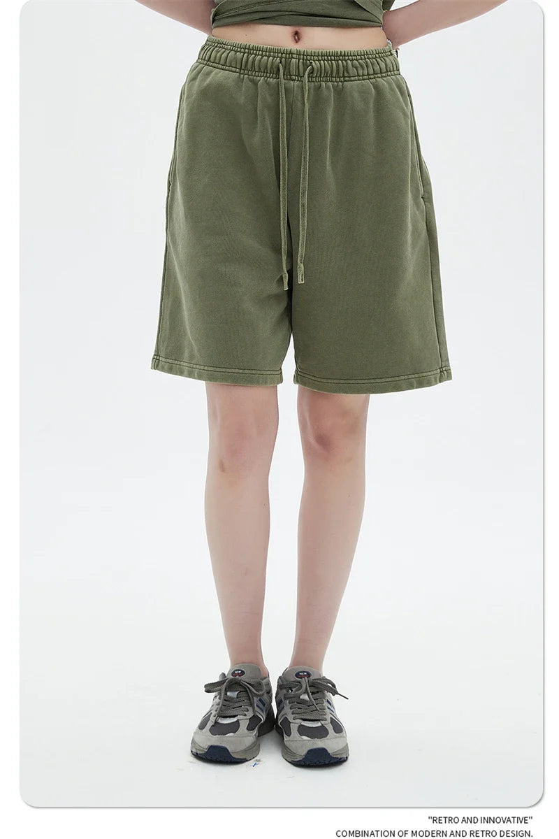 Fashion Summer Men 420gsm Washed Cotton Shorts Retro Unisex High Street Terry Knee Length Short Pants Streetwears HY0845