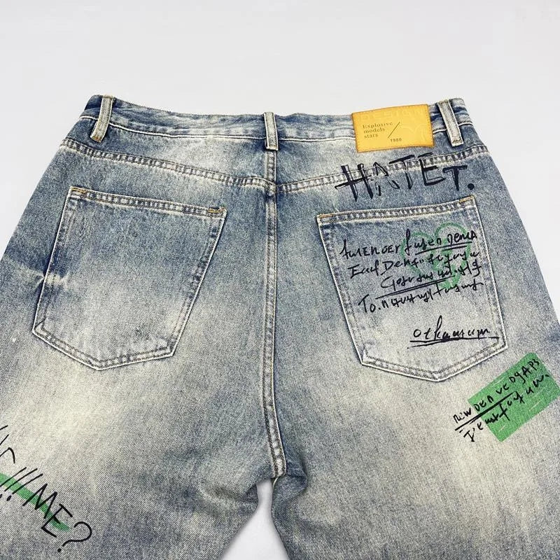 Spring and Autumn New Fashion Trend Printed Straight Leg Vintage Denim Pants Men's Casual Loose Sports High Quality Pants 28-36