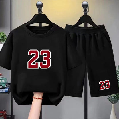 Kids T-shirt Basketball No. 23 Summer Round-Necked Print Boy Girls 3-12Years Top+Shorts Two-piece Set Simple Casual Handsome Set
