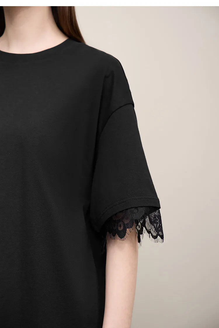 Women's T-Shirt 2026 Summer Round Neck Drop Shoulder Cotton Tee Lace Lace Patchwork Loose Side Slit Top For Women 12652004