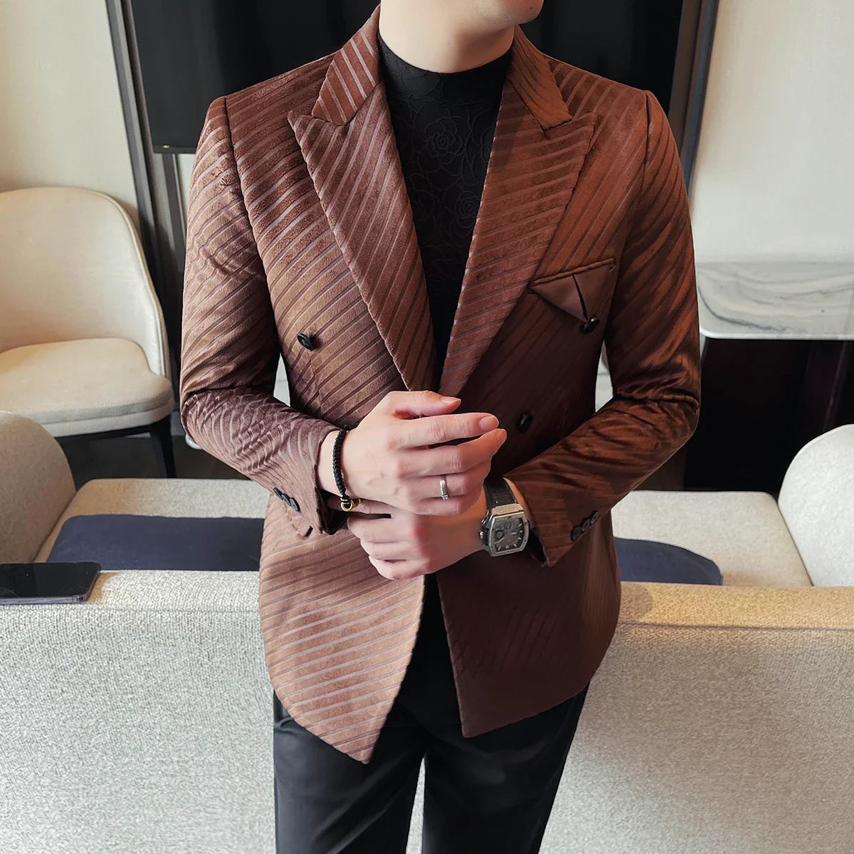 British Style Luxury Men Double Breasted Twill Suit Jacket High Quality Fashion Business Slim Fit Groom Social Party Suit Dress