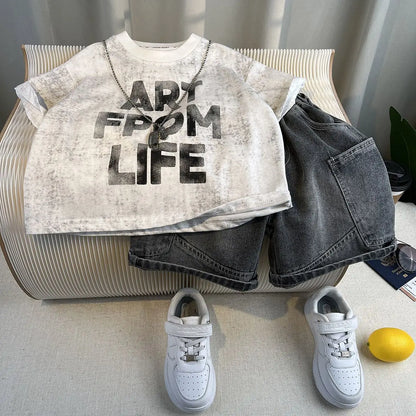 Korean Children's Summer Clothes Kids Set Outfits Boys 2026 Handsome Sleeveless&Short Sleeved T-shirt Denim Shorts 2-piece Set