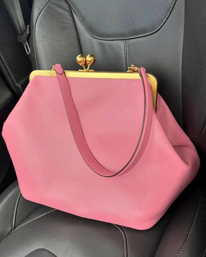 LOST IN VINTAGE Artificial Leather Bag Large Balls Bronze Kiss-lock Large Clutch Handbag Proudly Carried In Hand 35x30x20cm