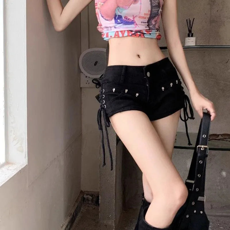 Black Gothic Punk Denim Shorts for Women Creativity Lace-Up Popular Y2K Cowboy Short Pants Lady Sexy Skinny Elastic Jean Shorts