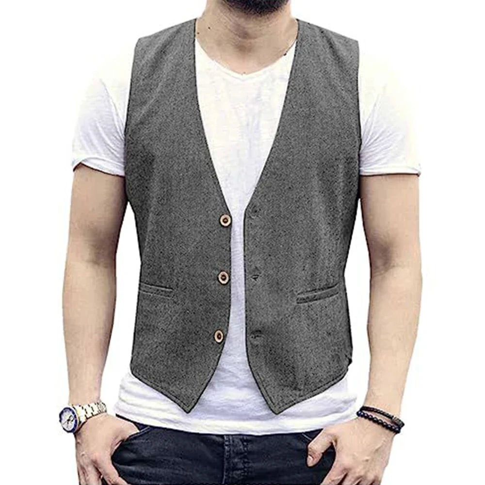 Large Men's Suit Vest  Spring And Summer Linen Cotton Slim Fit Waistcoats Lightweight And Breathable Single Breasted Casual Vest