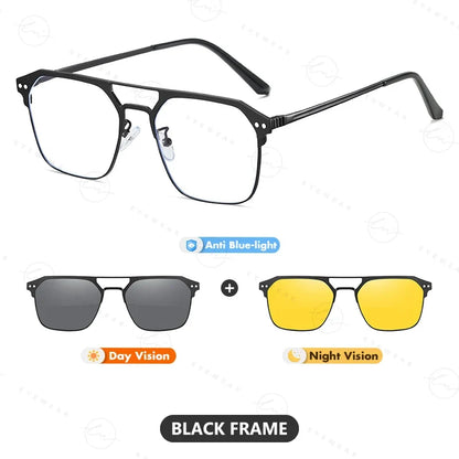 2025 New 3 In 1 Magnetic Multifunctional Men's Glasses Polarized Day Night Vision Clip Eyeglasses Blue Light Blocking Glasses