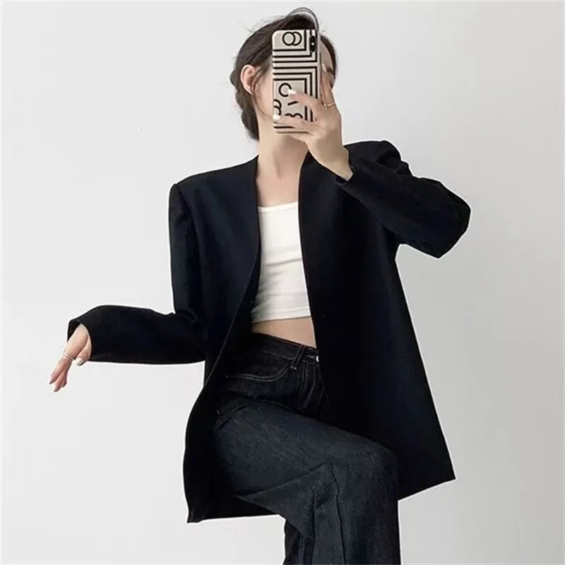 British Style Solid Color Suit Jackets Women 2025 Loose Buttonless Long Sleeve Blazers Woman Office V-Neck Suit Coats Lady