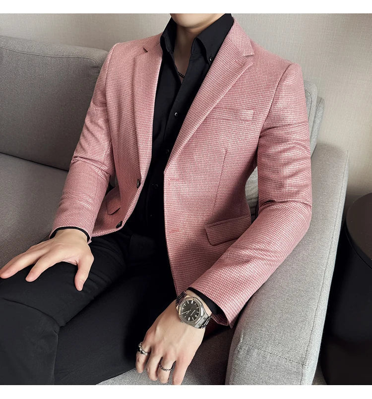 Bright Silk Thousand Bird Grid Suit Jacket Korean-style Business Fashion Slim Fit Single Breasted Men Social Party Dress Coats