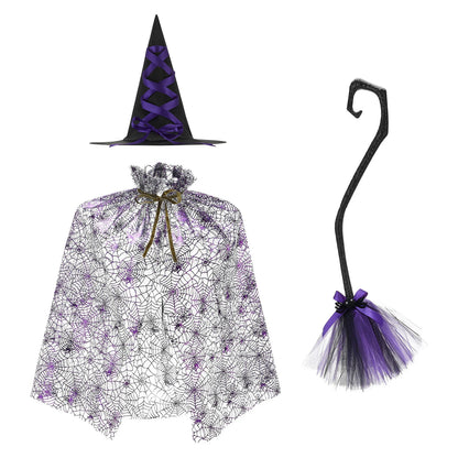 Halloween Witch Cloak Set Spider Web Sheer Mesh Cape Hat and Broom Set for Kids Boys Girls Appliques Feathers Animal