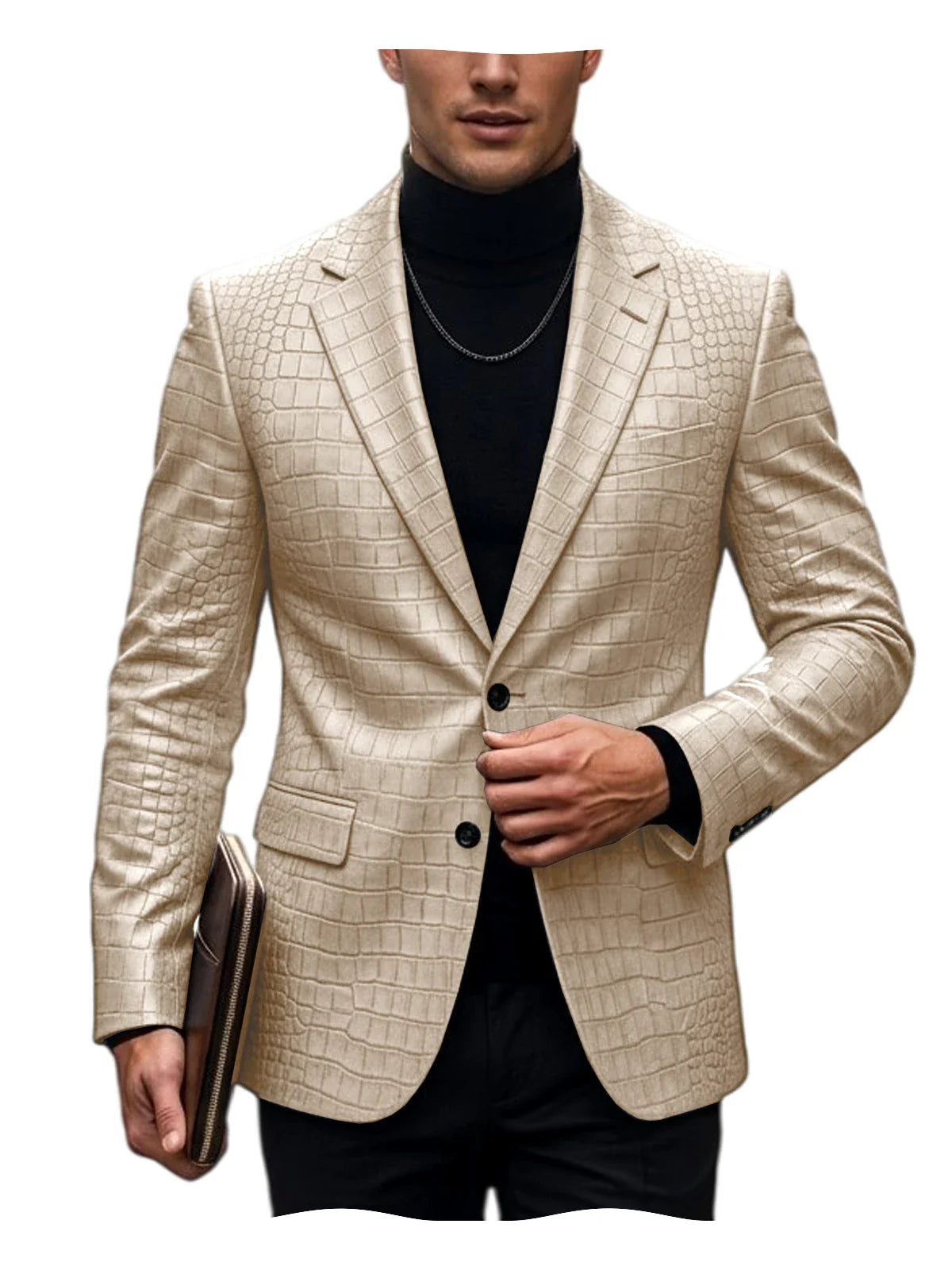 Men's Crocodile Embossed Leather Blazer British Vintage Notched Lapel Slim Fit Business Suit Jacket Two Button Flap Pockets Coat